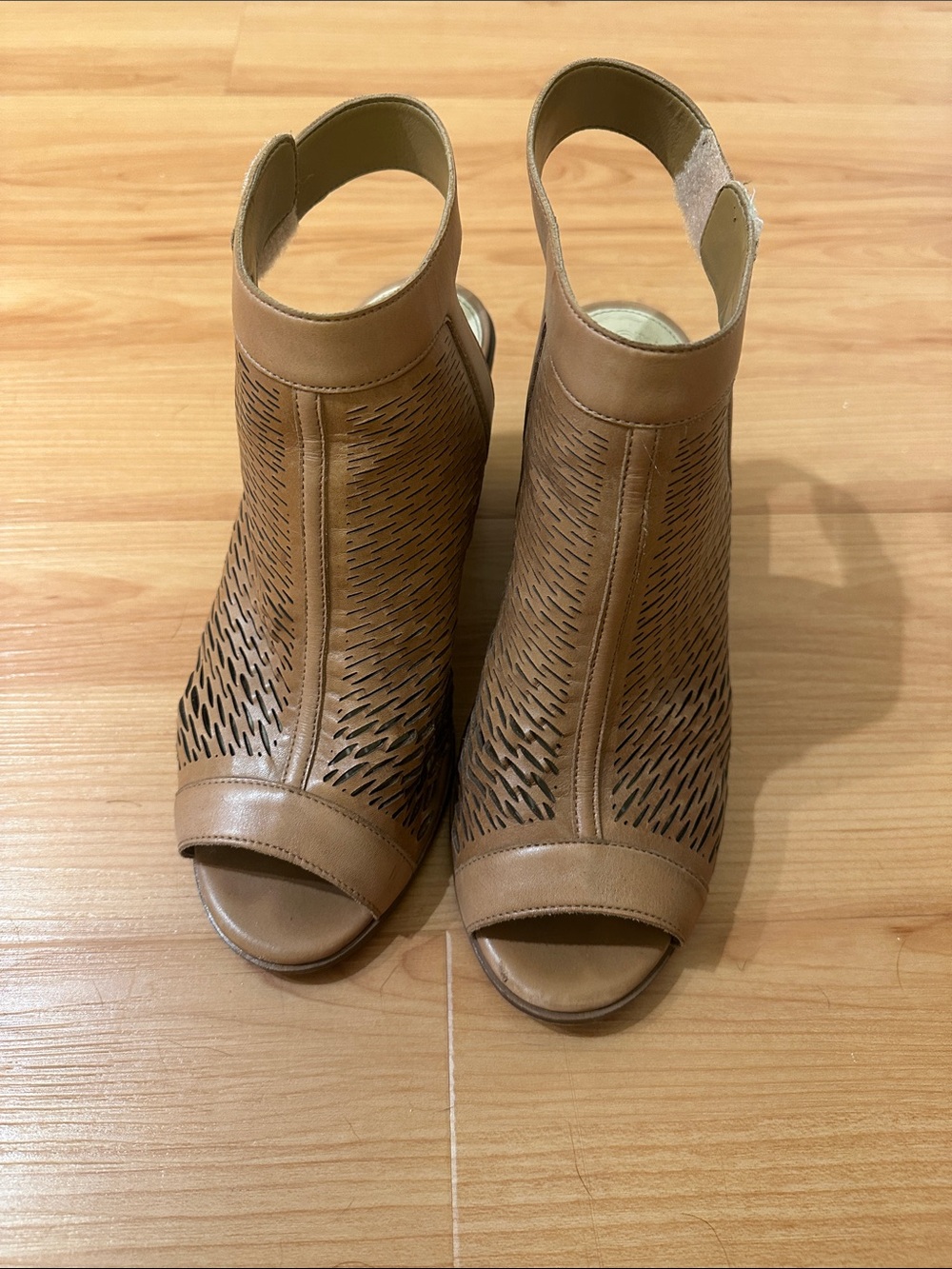 Vince Camuto Tan Laser-Cut Peep-Toe Ankle Booties